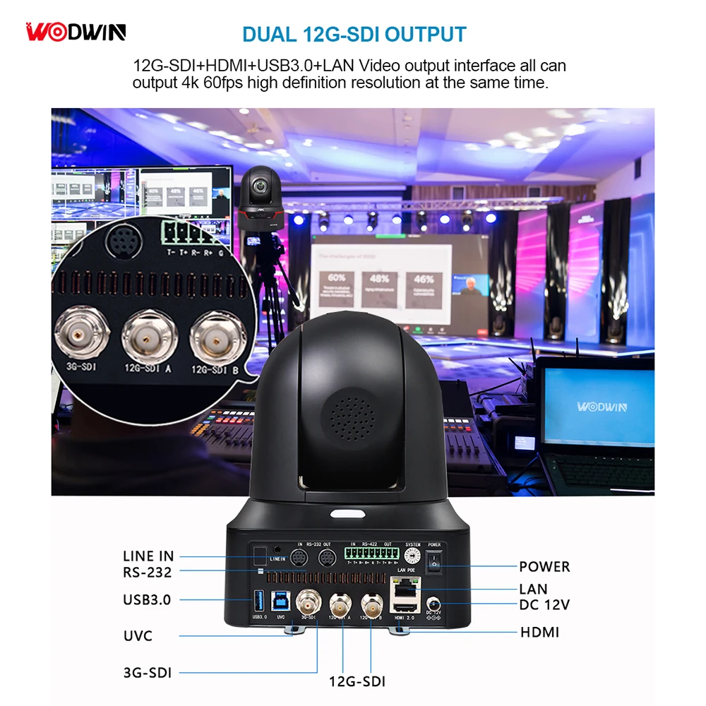 WODWIN New NDI 4K 60FPS 25X Optical Zoom 12G SDI Live Broadcasting IP POE NDI PTZ Camera for Live Streaming Events Churches