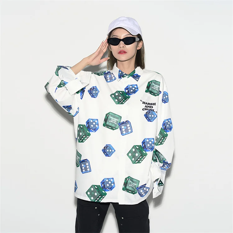 Stereoscopic dice trend full print street loose casual oversized  long sleeve shirt custom long sleeve shirt  for women