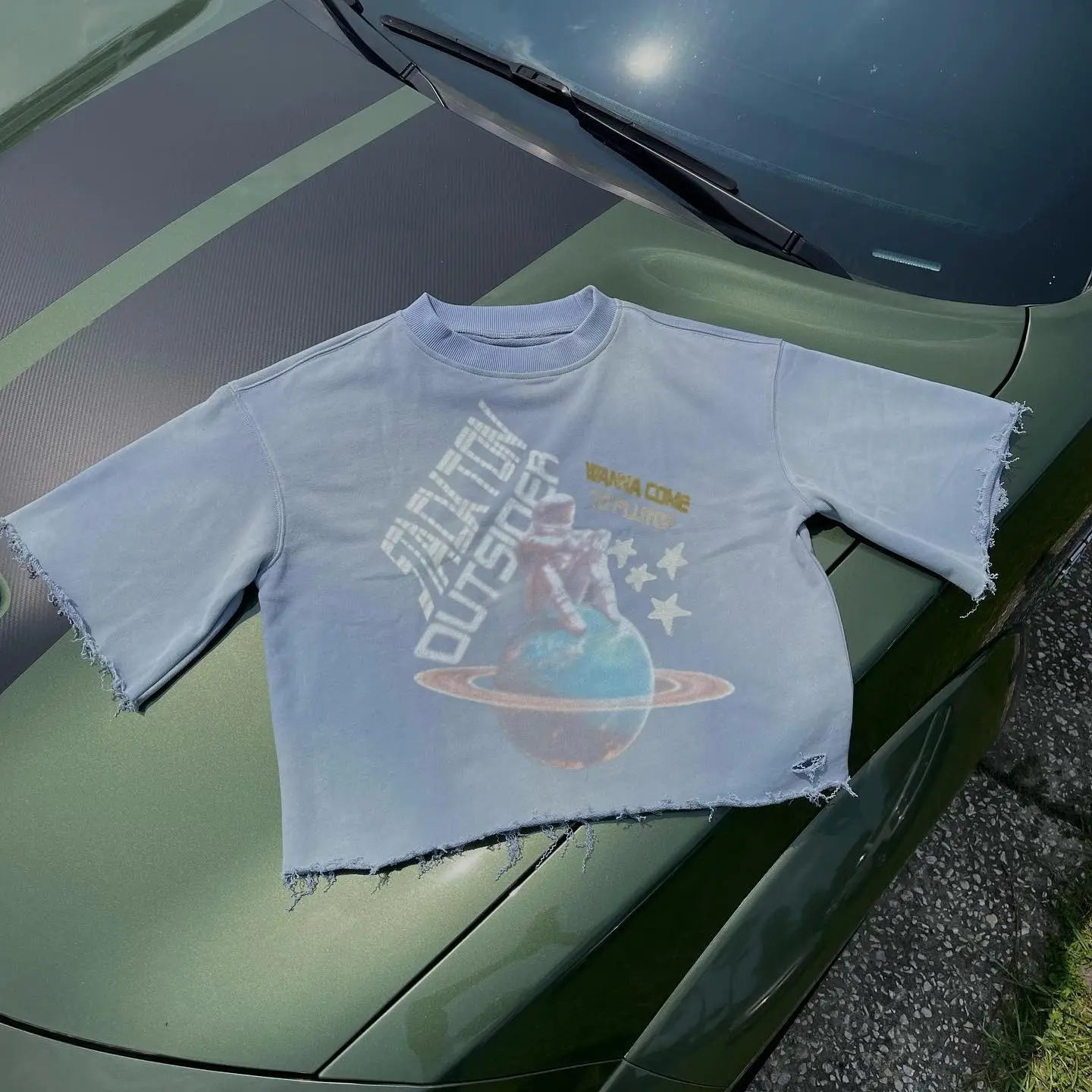 220gsm Streetwear custom Screen Print Cut Raw Hem Boxy Cropped Tee Men Oversized Vintage Acid Wash Sun Faded Heavyweight T Shirt