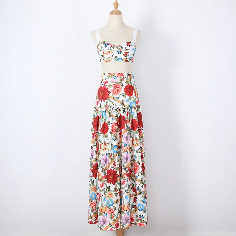 Summer Crop Top And Skirt Sets Clothing For Women Spaghetti Strap Bohemian Beach Floral Maxi Long Dress