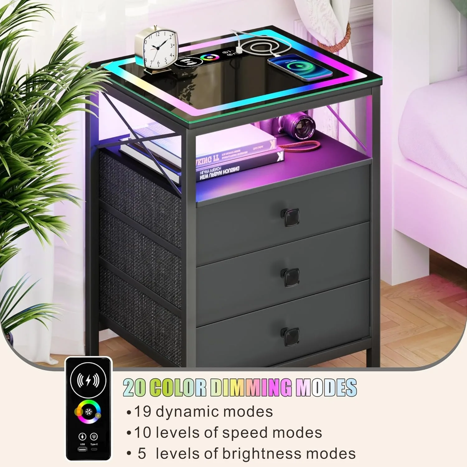 Smart Living Room Nightstand End Side Table USB Port & Power Outlet Bedroom table with drawers storage cabinet and glass top