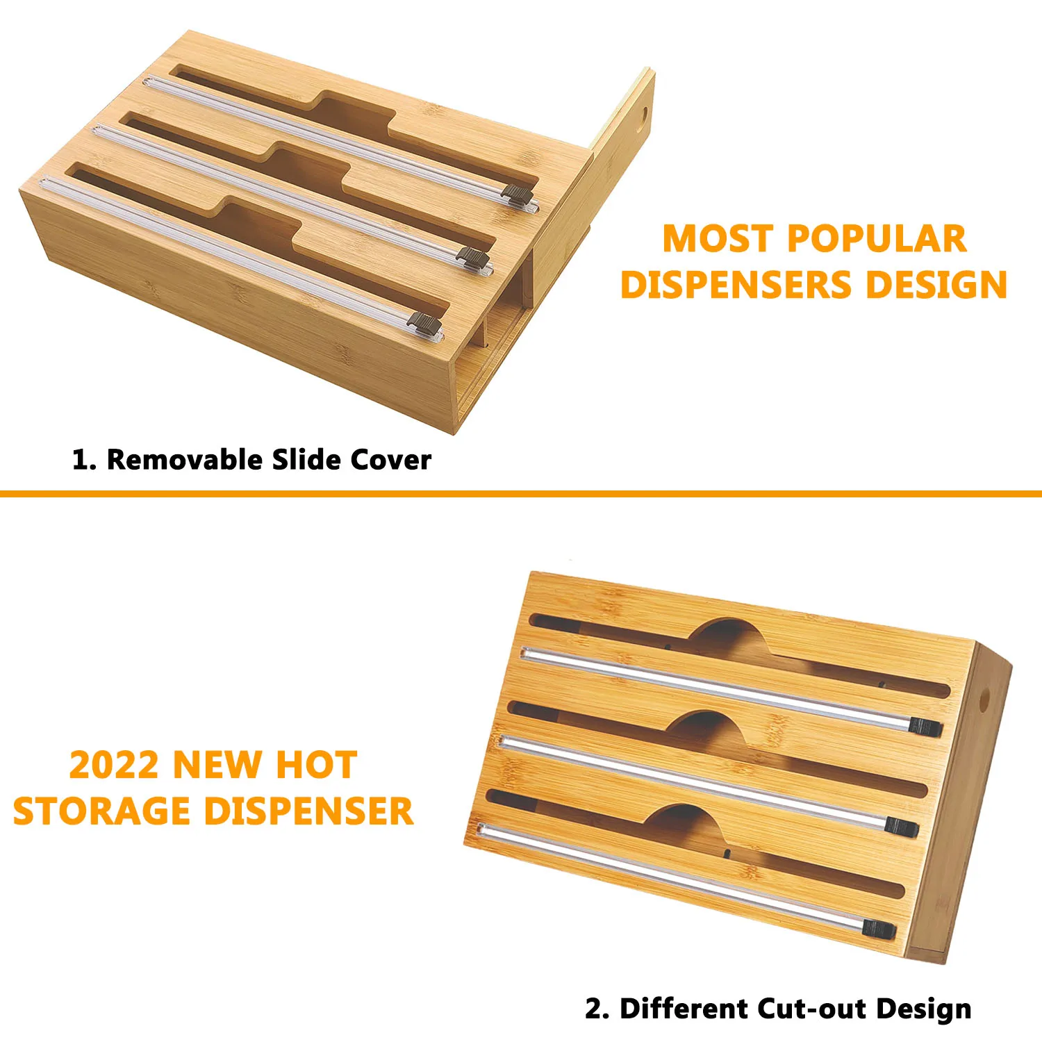 Hot Popular 3 in 1 Bamboo Plastic Wrap Dispenser with Cutter, Aluminum Foil, Wax Paper Roll Organizer for Kitchen Drawer