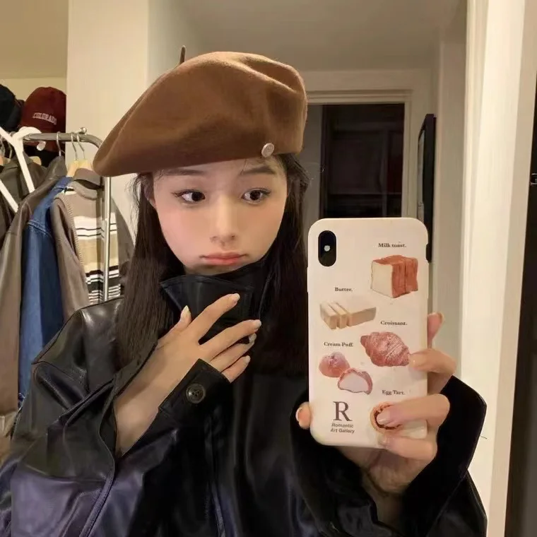 Spain Female Wool Beret Autumn Winter High End Solid Color Cold Warm Hat Plush Painter Cap Beret