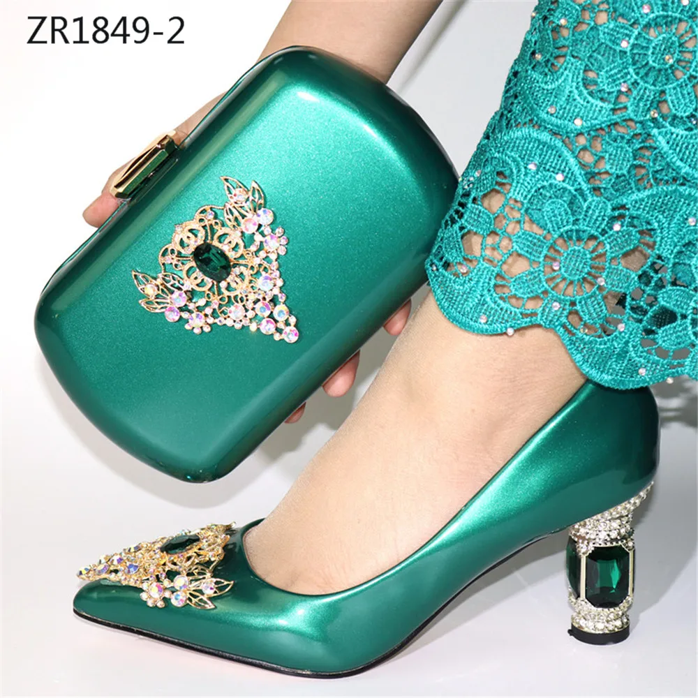 ZR1849-2 Nigeria green color high heel women matching Italian design shoe and bag set for wedding