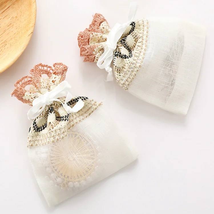 Fashion Mini 10*14 cm Slub Yarn Jewelry Lace Handmade Jewelry Drawstring Bag For Promotional