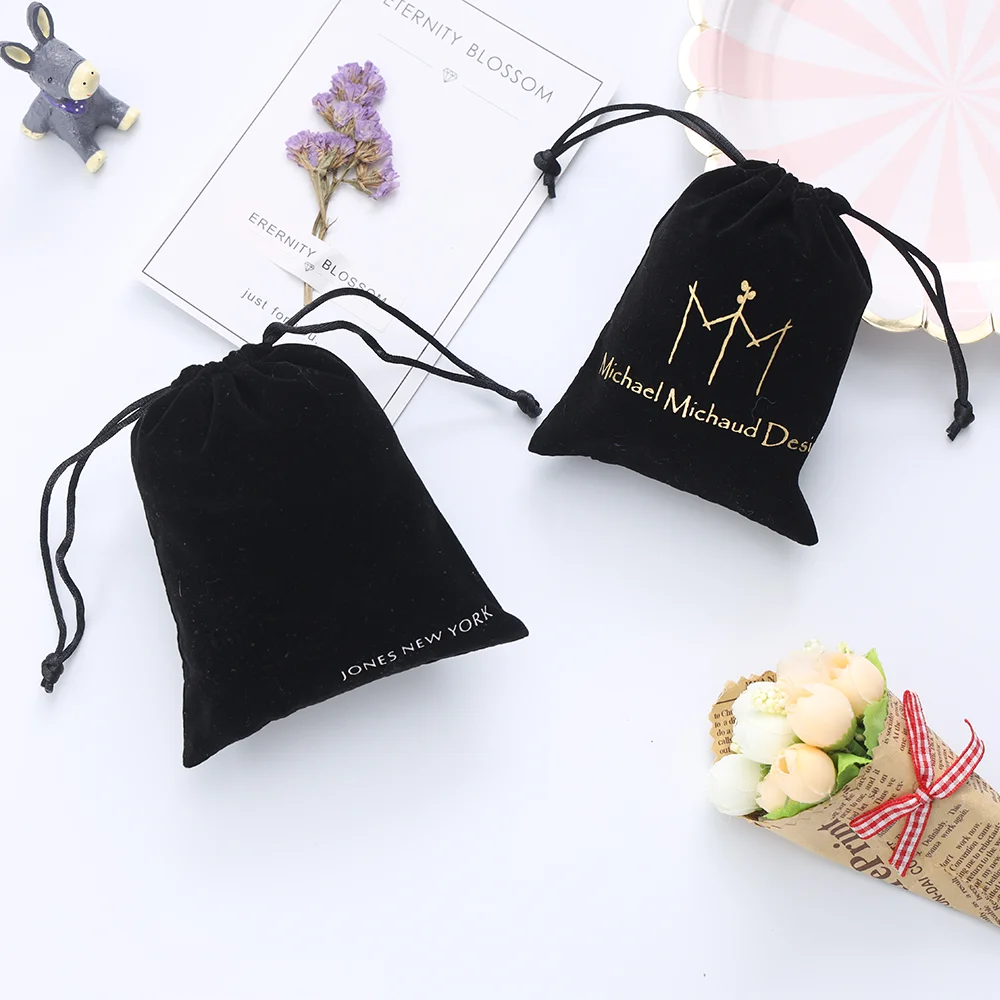 Latest Design Custom Hot Stamping Loho Black High End Jewelry Packaging Velvet Favor Bags Pouch