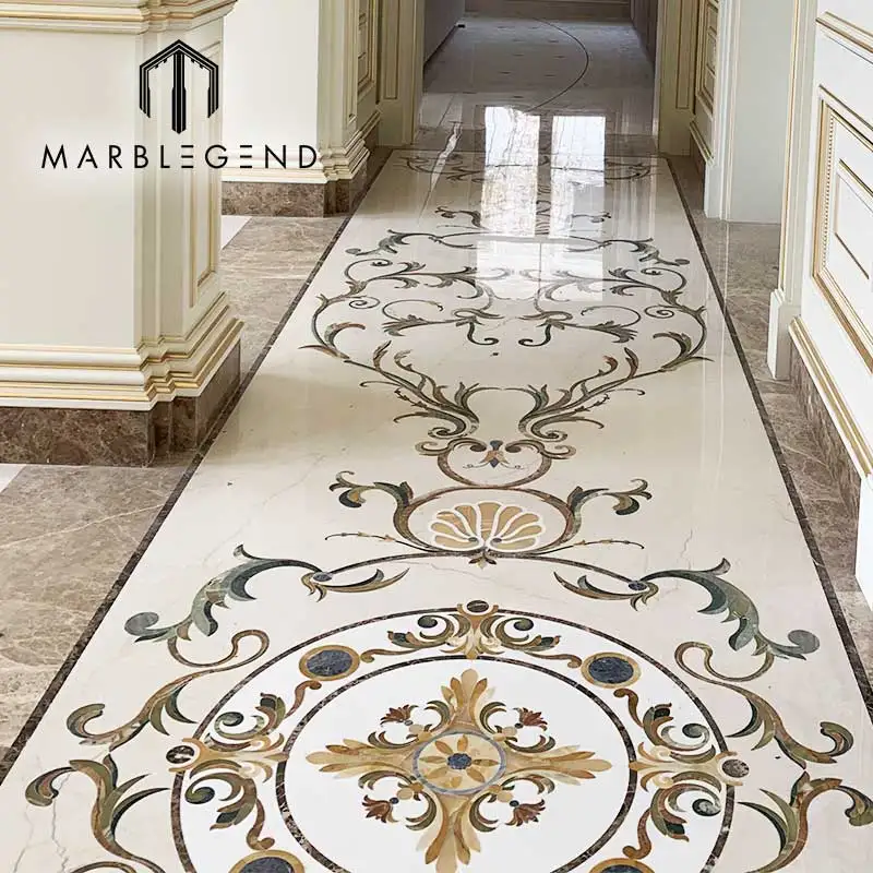 Luxury rectangle flooring stone decoration classic flower water jet marble inlay for hallway