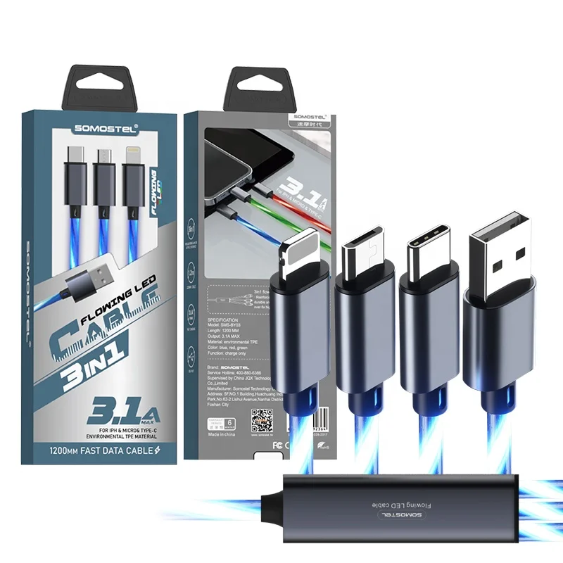 3 In 1 Led Glow Flowing Charger Cable Luminous Fast Charging Micro Usb Type C Light ning For Iphone Android Phone Wire Cord