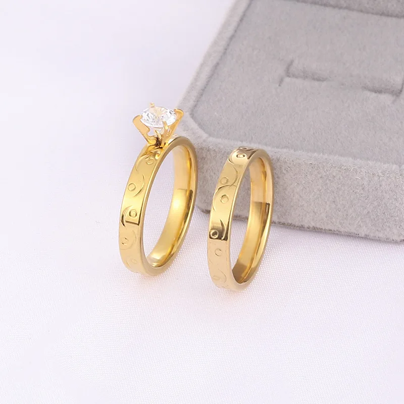Manufacturer custom tarnish free jewelry 2022 stainless steel diamond zircon ring 18k gold plated couple ring anel