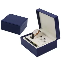 Custom Handmade Pu Leather Display Packaging Watch Pen Cuff-links Box For Gift Luxury Black Gift Box Set For Watch Pen Cuff-link