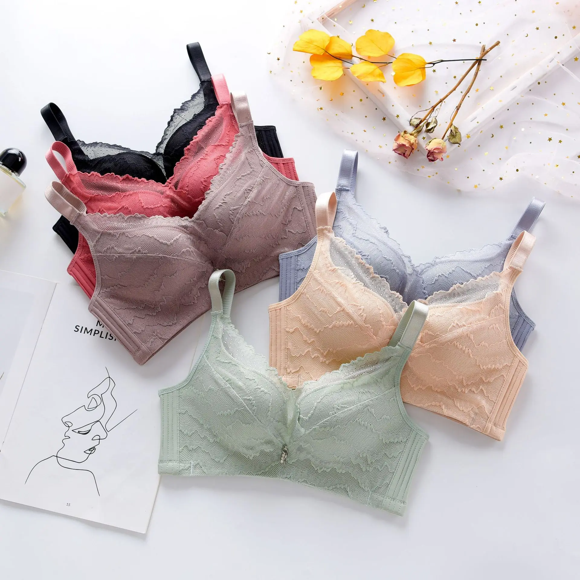 Fashion Ledis Bra Soft Cup Wireless Bra Women Plus Size Sexy Crop Top Lace Bralette Ladies Bra with Lace in Front