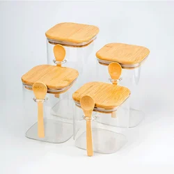 Wholesale borosilicate food storage container clear spice sugar food square glass storage jar with bamboo lid spoon
