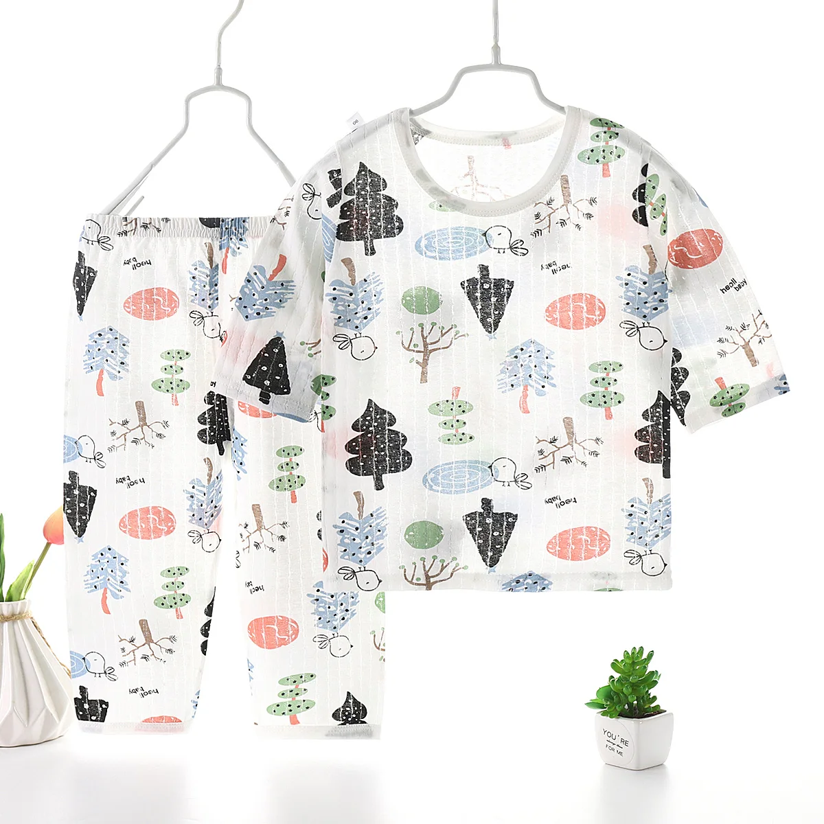 
Air-conditioned 2-10 Years Kids Sleepwear Girls Boys Cute Cartoon Print Pajamas Summer Cotton Pijama 2pcs Short-sleeved set 