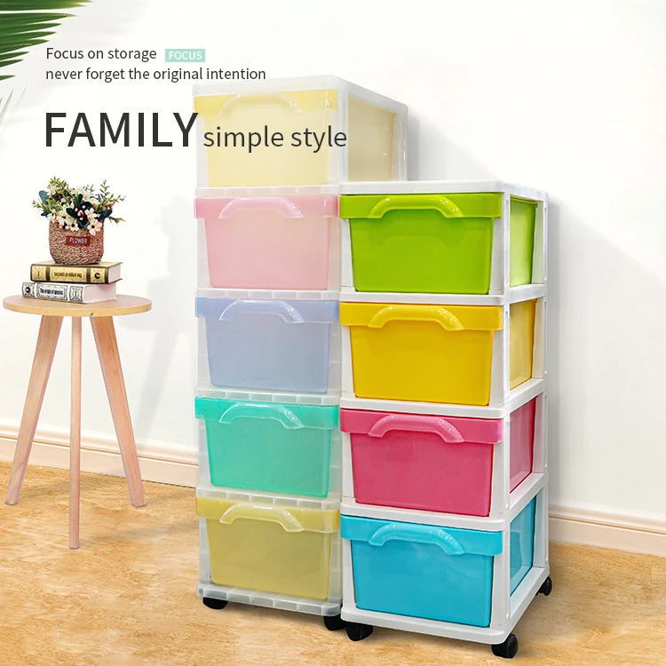 Home Living Room Bedroom Candy Colored 4 Layer Plastic Storage Drawer Cabinet Baby Kid Plastic Storage Box Drawer With Wheels