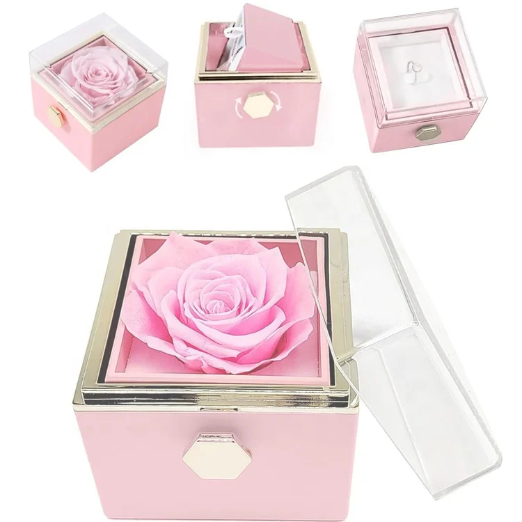 Preserved Flower Acrylic Double Layers Rotating Eternal Rose Necklace Jewelry Box eternal flower gift box rotating