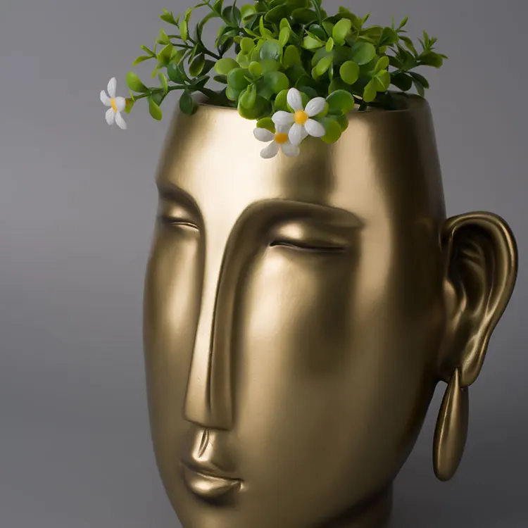 SE7 Custom Unique Other Gold Resin Indoor Home Decor Face Table Bum Flower Pot Floral Buddha Head Vases Flowerpot