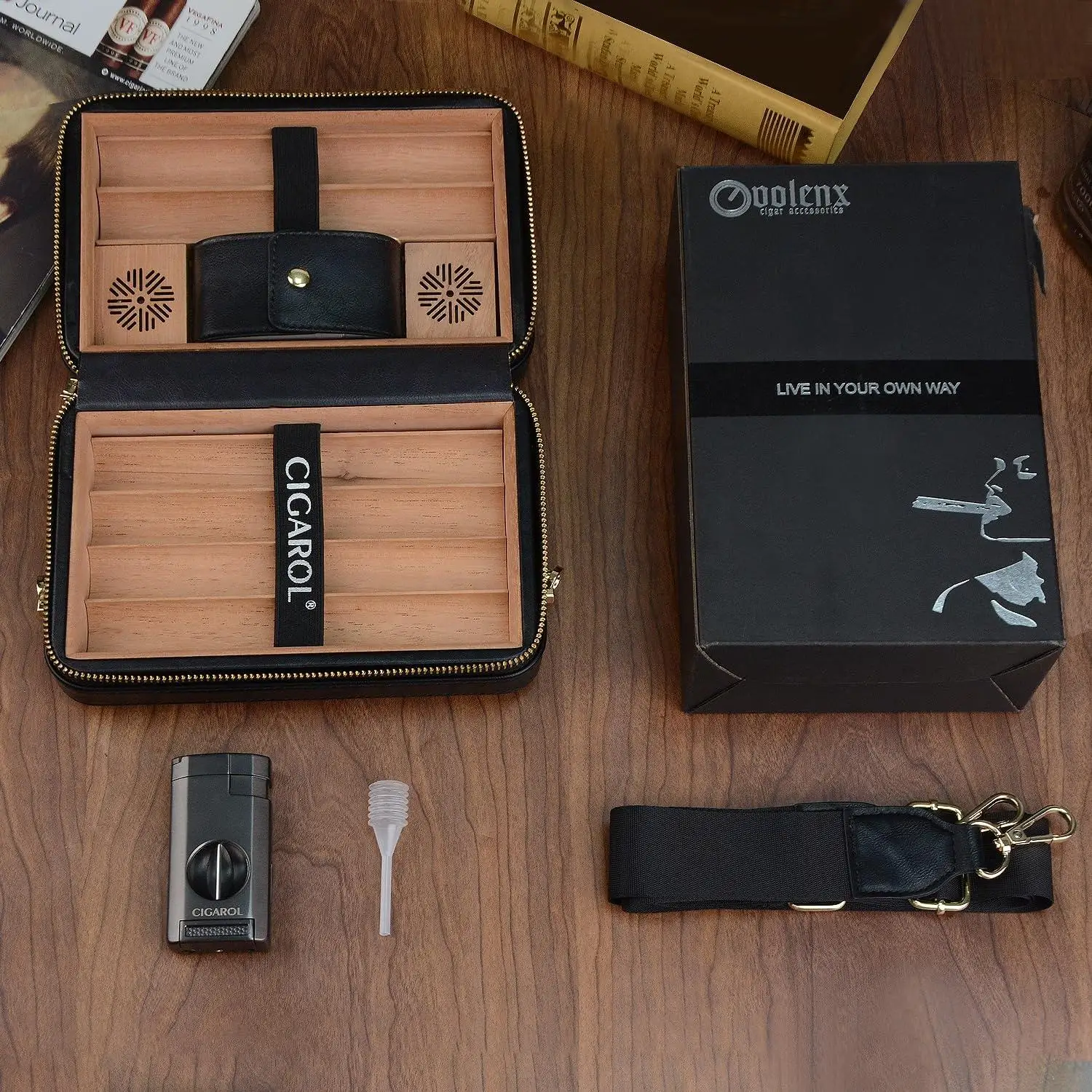 Wholesale High End Luxury Leather Cigar Travel Humidor Case with Lighter Cigar Accessories Set for 6 Cigars Gift for Men
