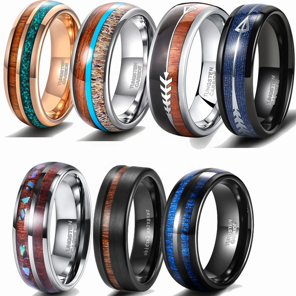POYA Black Domed Wedding Band 8mm Mens Crushed Fire Opal Abalone Shell Koa Wood Inlay Tungsten Ring