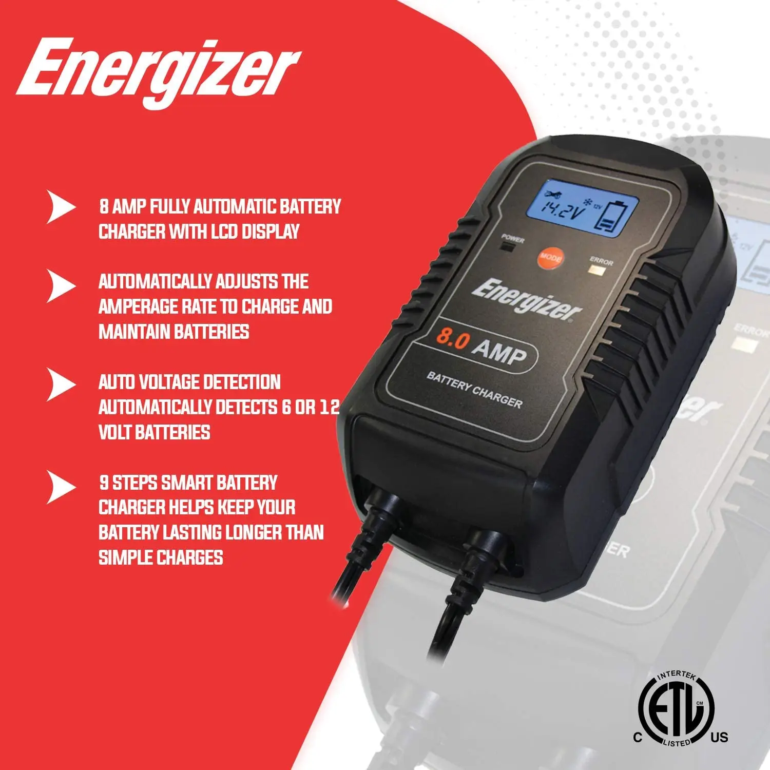 Energizer 8Amp Fully-Automatic Smart Charger 6V 12V Battery Charger Battery Maintainer Trickle Charger