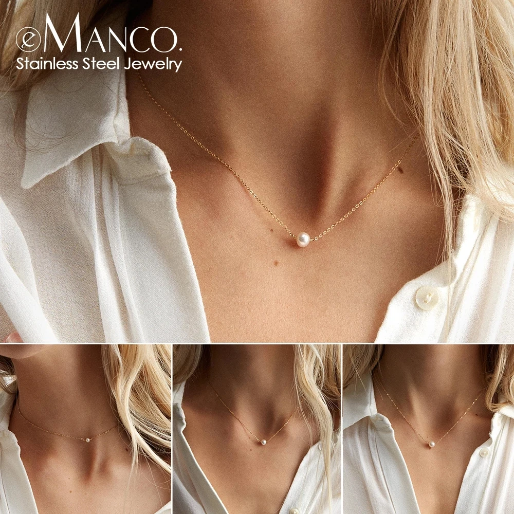 e-Manco Chain  Choker Necklace Gold  Woman Minimalist Jewelry Classic Pearl Choker Necklace 316L Stainless Steel
