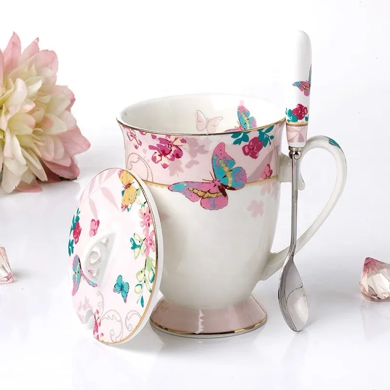 Elegant European luxury ceramic butterfly flower tea cup porcelain English afternoon tea & coffee cup and saucer set