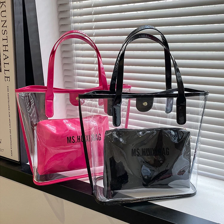 Reasuble Eco Large Waterproof Vinyl Jelly Clear Shopping Handbag Custom Transparent Neon Plastic PVC Tote Beach Bag