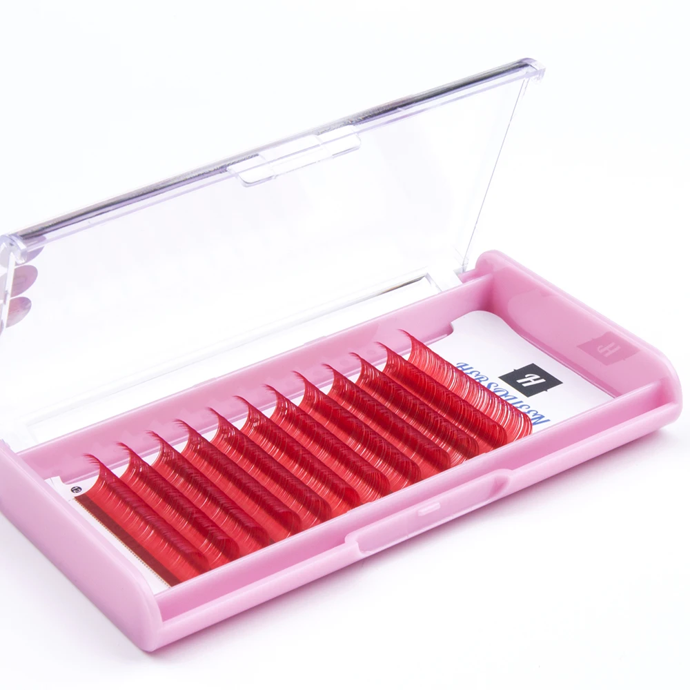 0.05 hot red russian volume eyelash extensions silk soft light weight super flexible premium colored lashes private label vendor