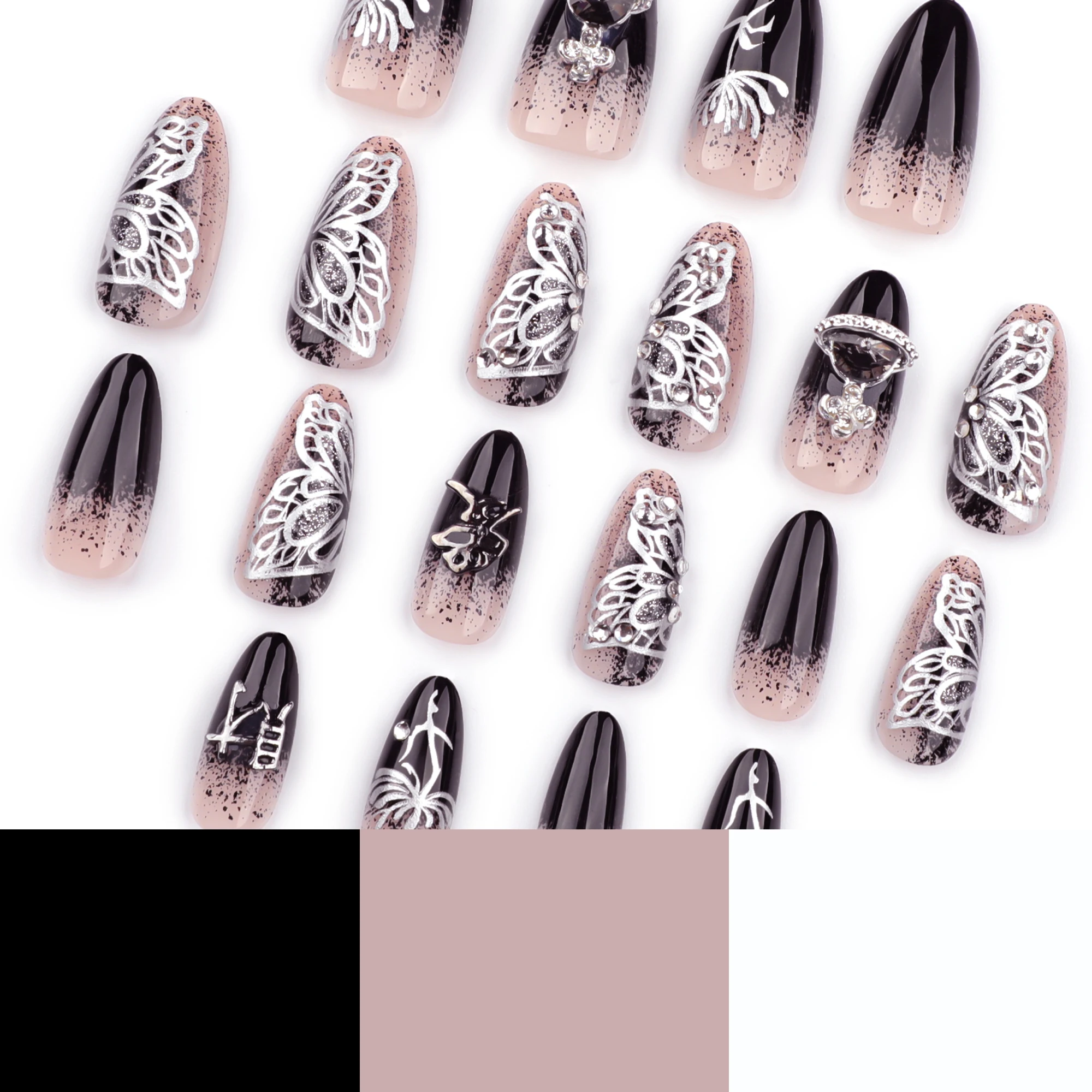 24 Pcs Spicy Girl French Manicure butterfly Almond Glitter Diamond Planet Ring Acrylic Press on Nails Customize False 3530