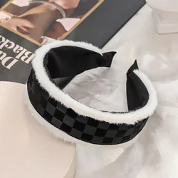 Latest Design Hairbands Sweet Fall Winter Fur Headband Warm Furry Headbands Wide Plaid Checked Pu Leather Headband Women Lady