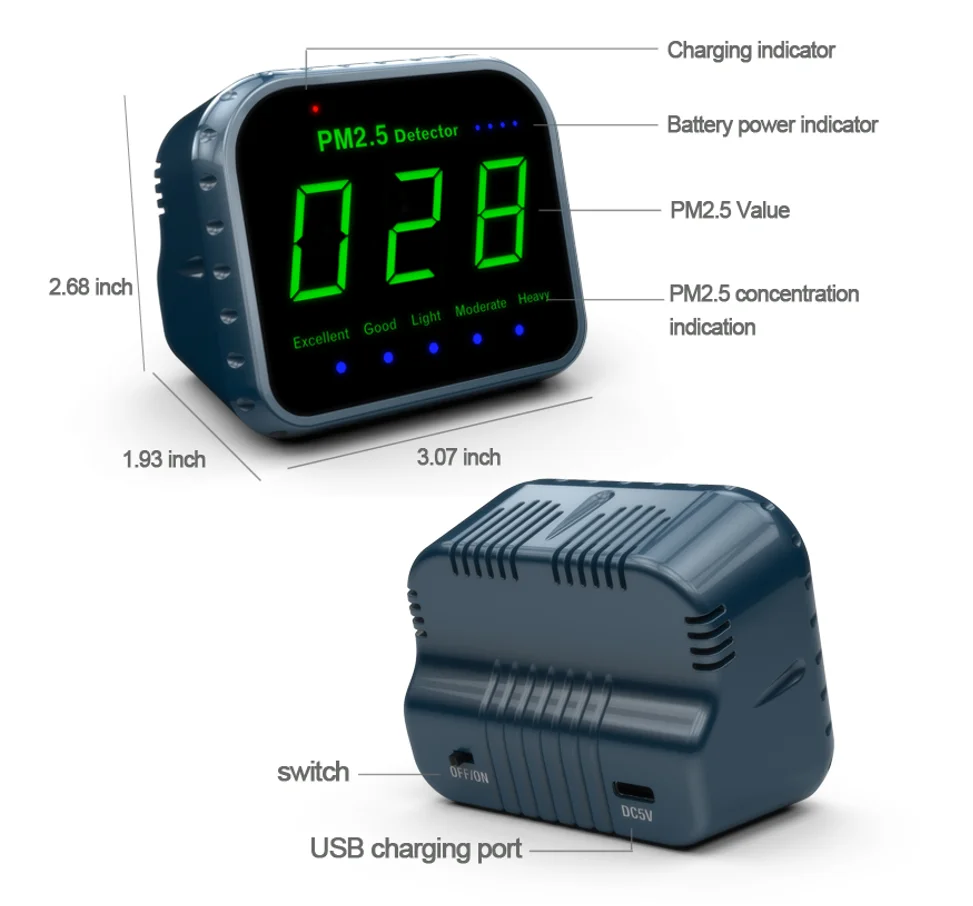 High sensitivity desktop PM2.5 air quality monitor detector instrument indoor outdoor temperature and humidity sensor