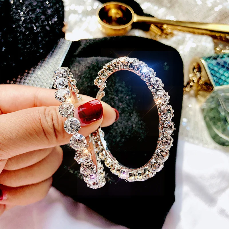 CAOSHI 925 Silver Plated Wholesale Price 5.5cm Round Circle Shiny CZ Diamond Crystal Rhinestone Girls Big Hoop Ladies Earrings