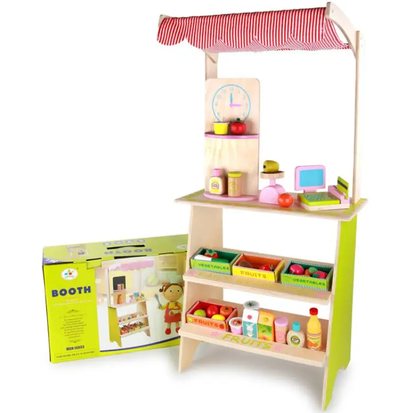 New shape hot sale Role playing toys wooden checkout counter wooden fruit booth toys wooden fruit store toys