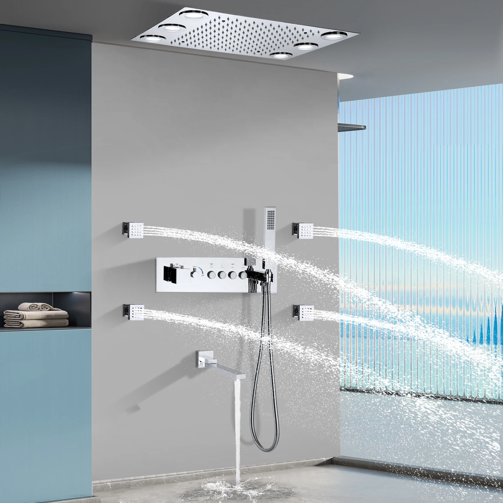 Bathroom Ceiling 20*14 inch LED Shower System Rainfall Chrome Thermostatic Valve body With Water Flow Control Lever Shower Set