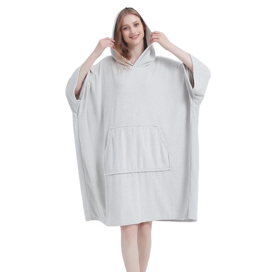 Custom Logo Design Grey Outdoor Beach Sports Swimming Changing Hoodie Robe Hooded Poncho Towel with Pocket