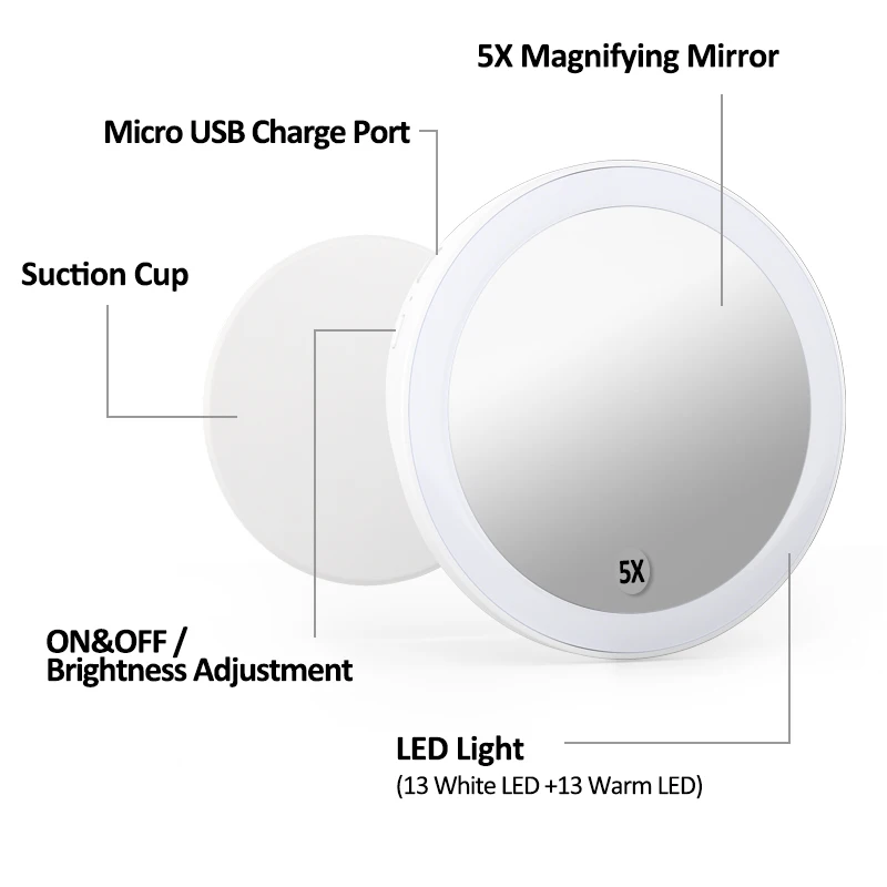 Factory Direct Rechargeable 5X Magnifying Hand  Makeup Mirror Led With Light