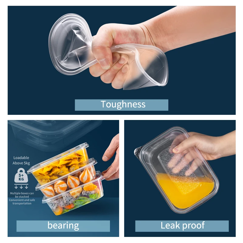 Custom 750ml Square Lunch Box Take Away Food Container Modern Disposable Storage Boxes Clear Rectangular Microwave Plastic FP-4