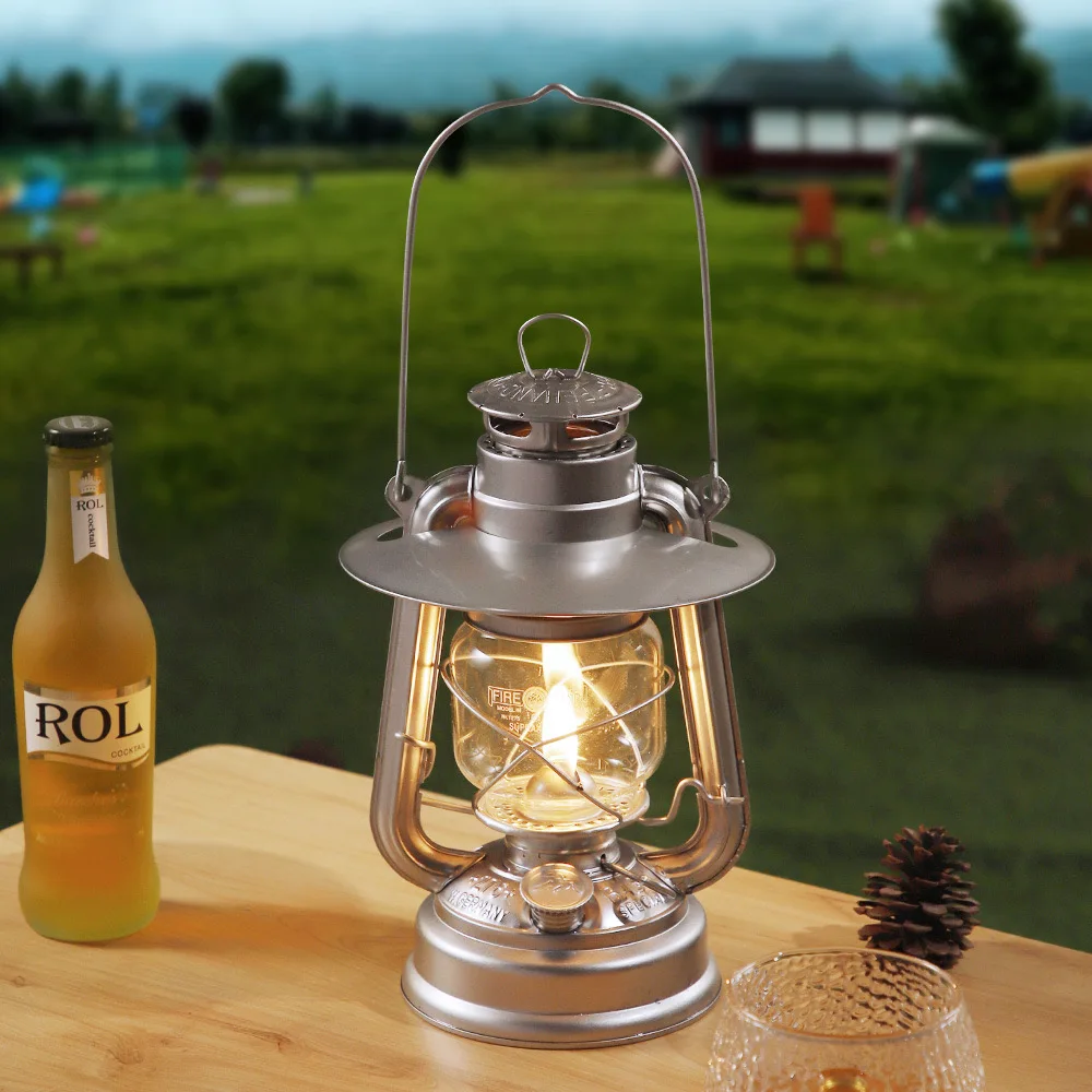 LED Vintage Glass Oil Camping Lantern Light Large Capacity Hanging Kerosene Lamp for Outdoor  Camping Decoration