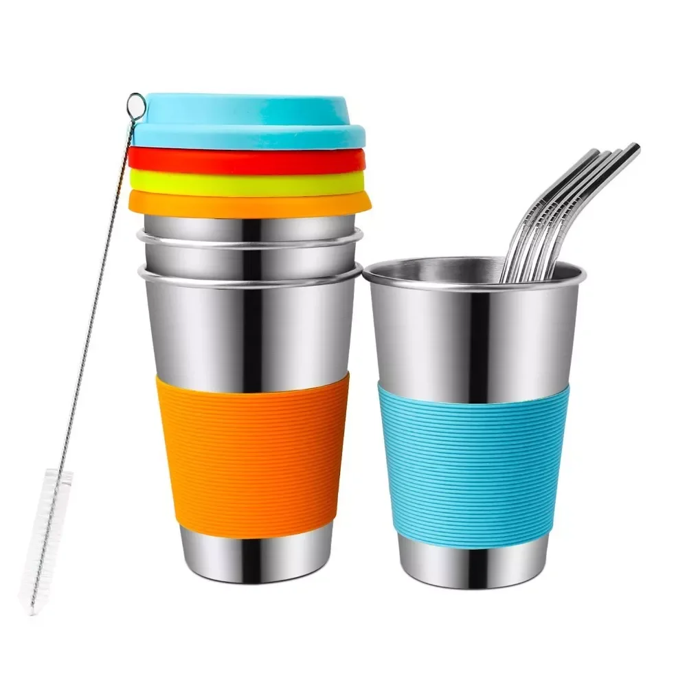 reusable cup Single Wall Stainless Steel Pint Cups 12OZ tumbler  16oz beer tumbler for Kids Cups With Silicone Lids & Sleeves