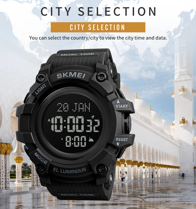 Muslim Azan Watch SKMEI 1680 Islamic Qibla Direction Azan Digital Watch New Function Sports Running 5ATM Waterproof Wristwatches