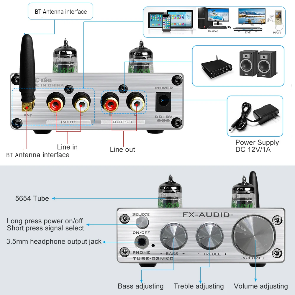 FX AUDIO BT5.0 усилитель мощности HIFI NE5532 аудио цифровое декодирование стерео трубка Предварительный наушники amp по