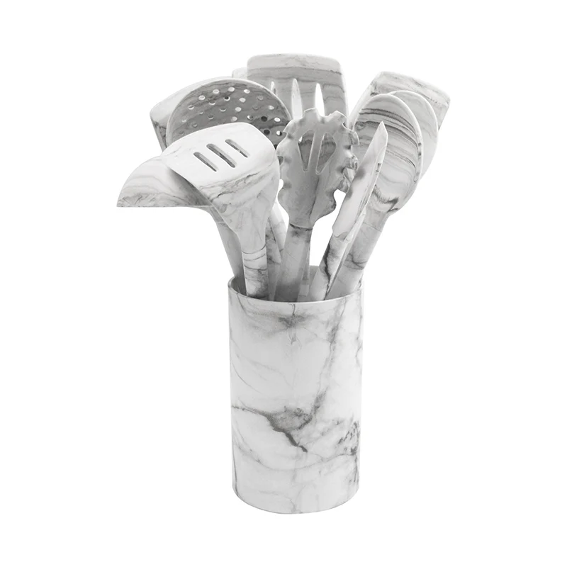 Wholesale Hot SS Kitchenware Customized Color Silicone Utensil Cooking Tool Set with Stainless Steel Handle Holder Container