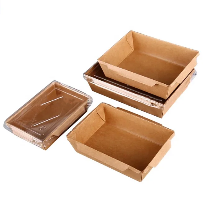 Rectangular Disposable Kraft Paper Tray with Transparent Lid Take Out Catering Brown Container with Clear Cover To Go Container