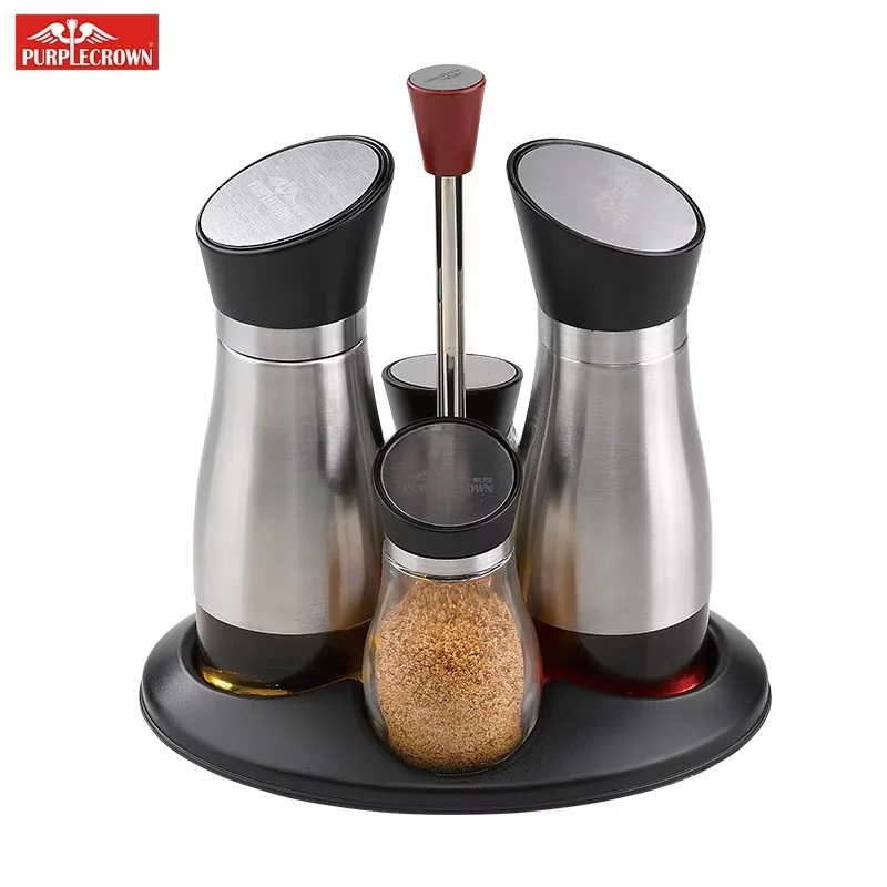 Stainless steel oil dispenser combine spice jar rack set glass oil and vinegar bottle and salt pepper shaker set
