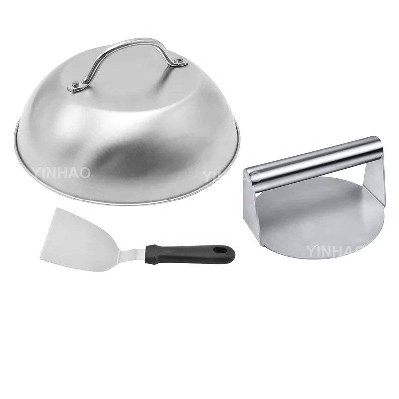 Outdoor Camping Flat Top Teppanyaki 9 Inch Cheese Melting Dome&Grill Press Kit Stainless Steel Burger Press
