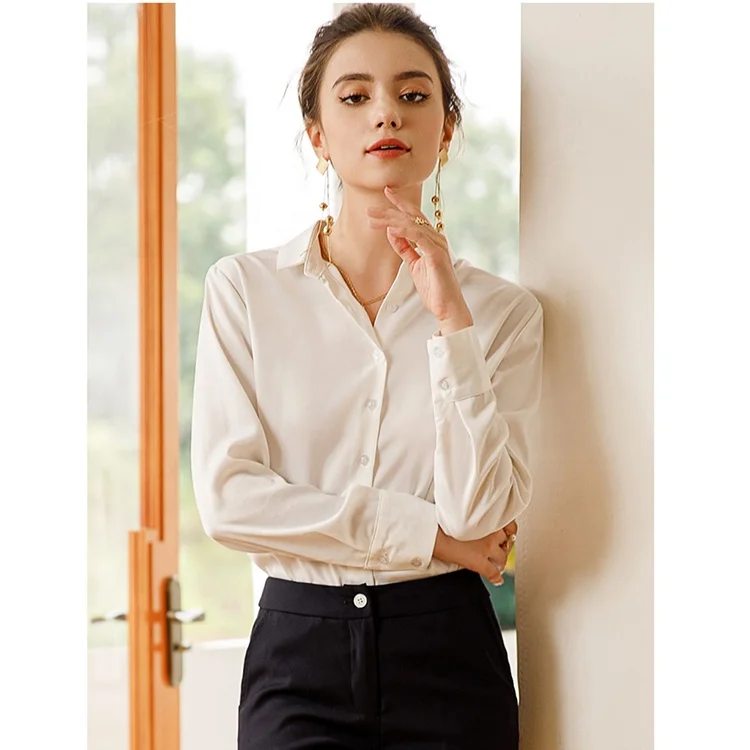 Classical Korean Good Quality Reasonable Wholesale Price Women Formal Designs Office Tops with Pants Long Sleeve Blouse