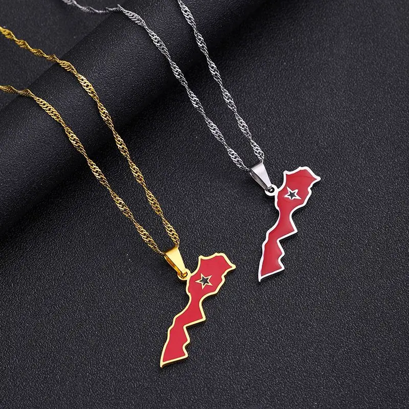 Fashion popular High quality Morocco Map Flag Pendant Stainless Steel Necklace Women Gold Jewelry Maroc National flag