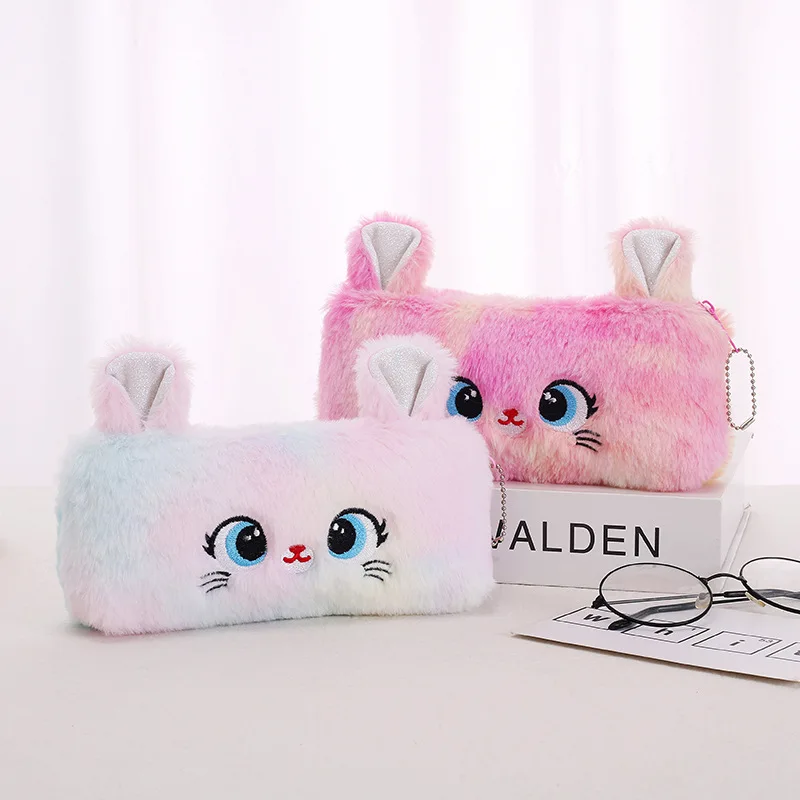 kawaii Cartoon Plush Cat Pencil Case Gift For Kids Cute Soft Cat Pencil Case Zipper Large Capacity Pencil Organizer