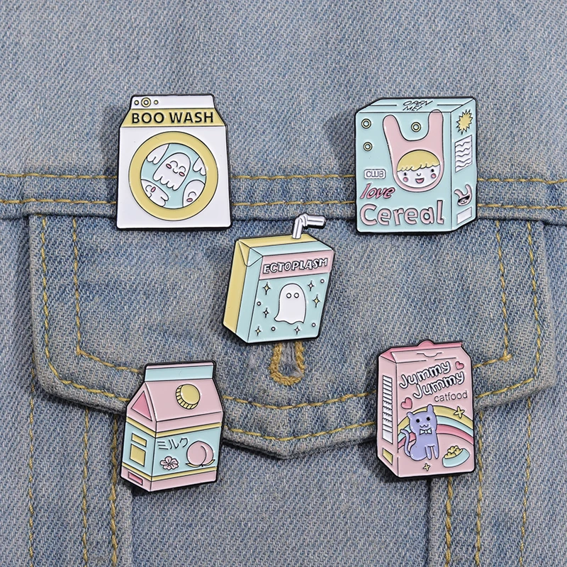 Cartoon Milk Box Cat Ghost Enamel Pin Spooky Colorful Love Cereal Badge Jewelry Custom Lapel Shirt Backpack Friend Kids Gift