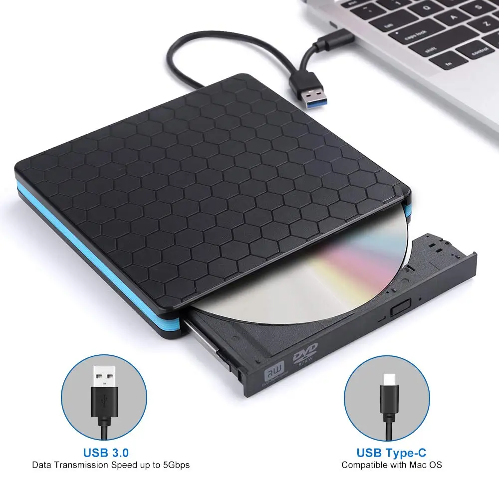 
Raycue External DVD CD Player CD-RW Burner and Reader with USB 3.0 and Type C 