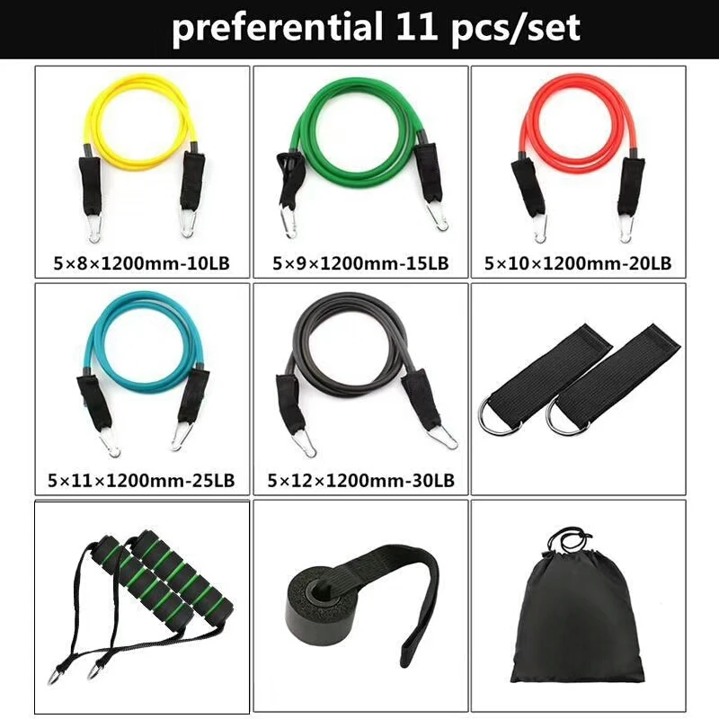 
2020 Best Natural latex tube 11pcs resistance bands with door anchor, 